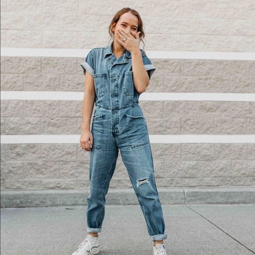 Clad and Cloth Sandy Distressed Denim Jumpsuit